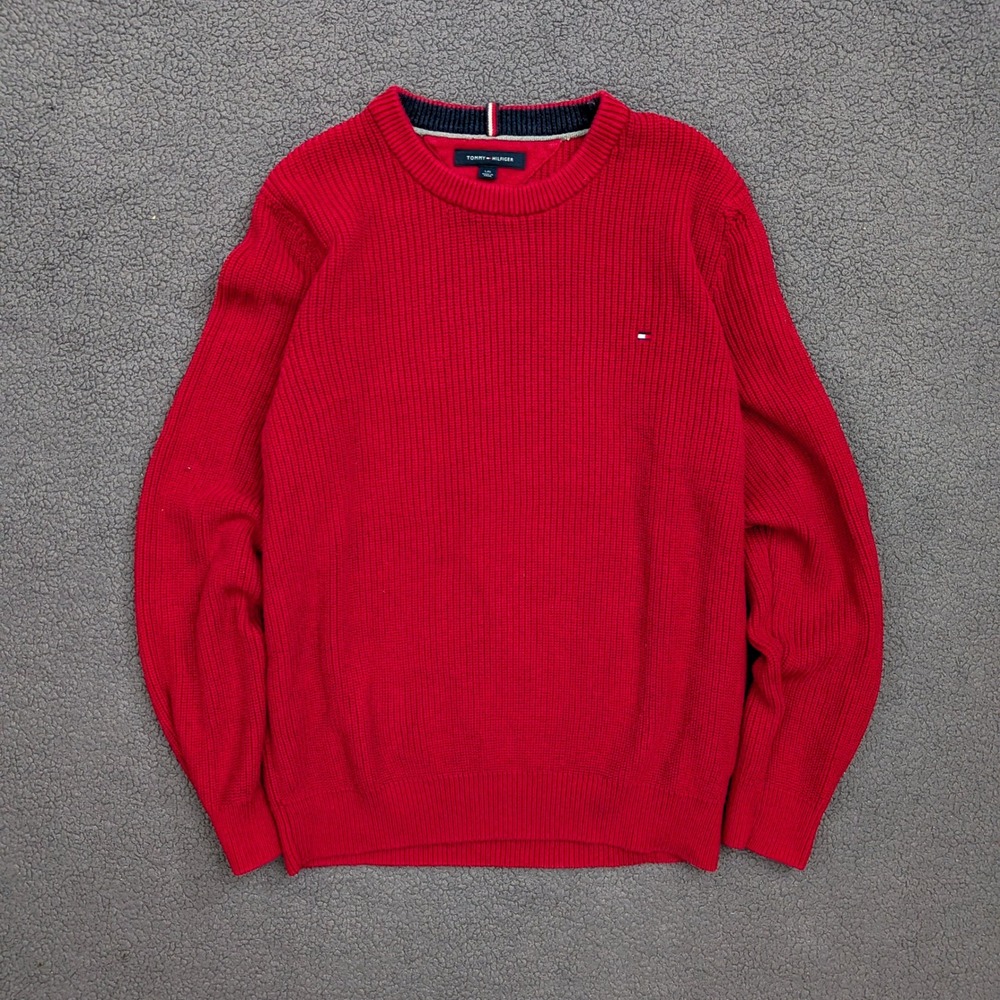 Tommy Hilfiger Mens Red Ribbed Knit Crewneck Sweater Large Logo Pullover
